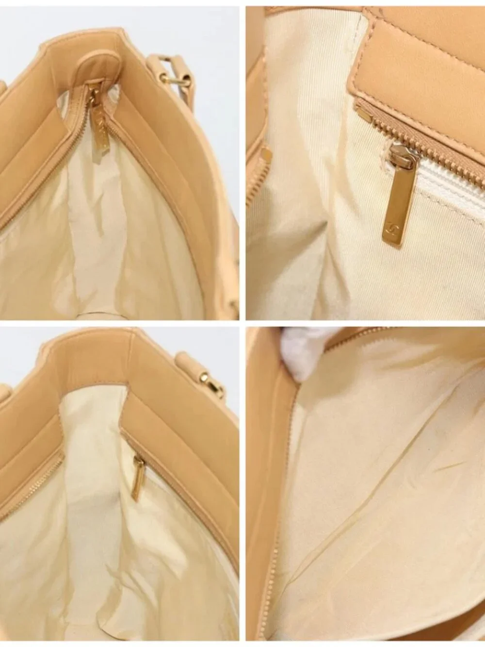 CHANEL Choco Bar Tote Bag Lamb Skin Beige Gold CC Auth BA13309